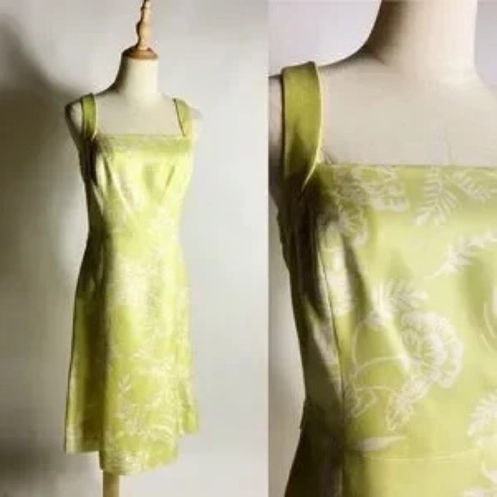 ANN TAYLOR Silk Y2K Square Neck Chartreuse Yellow Green Floral Print Dress 6P